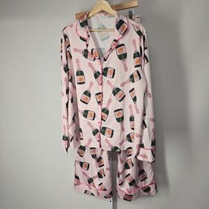 SHESHOW Pink Champagne Bottle Print Satin Pajama Set Womens XL Long Sleeve Pants